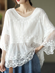 Round Neck Summer Casual See-Through Blouse