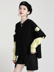 Women Round Neck Stitching Color Matching Casual Shirt