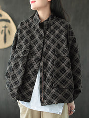 Women Plaid Retro Loose Stand Collar Long Sleeve Shirt