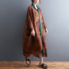 Women Retro Lapel Contrast Print Loose Dress