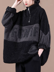 Zipper Printed Loose Color-Block Sweatshirt