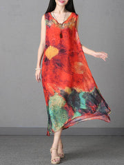 Chiffon Printed Sleeveless Split-side Long Dress