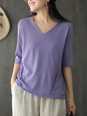 Vintage Solid Knitting V-Neck T-Shirt