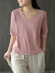 Vintage Solid Knitting V-Neck T-Shirt