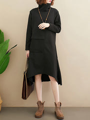 Retro Solid Color Irregular High Collar Midi Dress