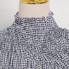 Women Lantern Sleeve Plaid Pleated Dress