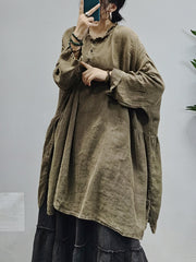 Retro Solid Color Washed Older Long Sleeve Midi Dress