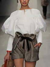 Loose Puff Sleeves Pleated Solid Color Split-Joint Round-Neck Blouses