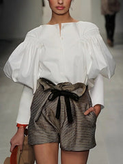 Loose Puff Sleeves Pleated Solid Color Split-Joint Round-Neck Blouses