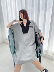 Lapel Color Matching Loose Thin Straight T-Shirt Dress