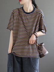 Vintage Loose Striped Round Neck T-Shirt