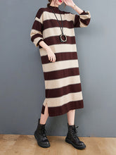 Loose High Neck Wide Striped Knitted Sweater Dress