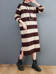 Loose High Neck Wide Striped Knitted Sweater Dress