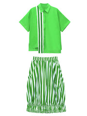 Streect Simple Striped Printed Blouse Two Piece Set