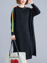 Loose Rainbow Striped Crew-Neck Midi Dress