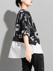 Letter Print Stitching Loose Casual T-Shirt