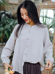 Solid Loose Pleated Stand Collar Shirt