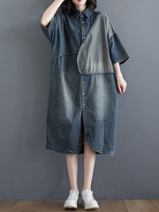 Retro Patch Mid-Length Denim Dress
