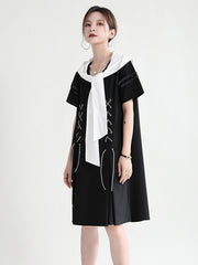 Retro Lace-Up Navy Collar Short Sleeve Midi Dress