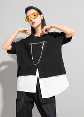 Simple Irregular Solid Splicing False Two T-Shirt