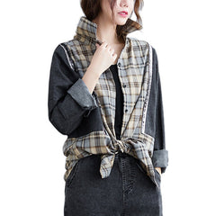 Women Plaid Stitching Loose Shirt