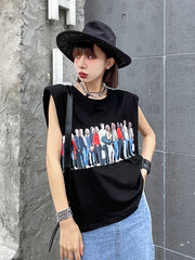 Sleeveless Character Print Loose Thin Round Neck T-Shirt