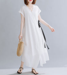 V-Neck Short Sleeves Solid Maxi Dress