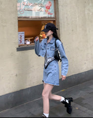 Denim Short Cardigan Irregular Half Skirt Two-Piece Suit