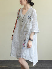 Loose Literary Buttons V-Neck Embroidered Pinstripe Dress