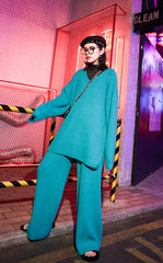 Loose V-Neck Knitted Sweater And Elastic Waist Wide-Leg Pant Suit