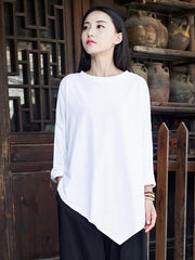 White&Gray Cropped Round-neck Ramie Cotton T-shirt