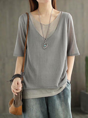 False Two Vintage Loose Half Sleeve V Neck T-Shirt