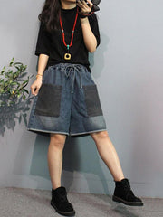 Loose Wide-Leg Pocket Split-Joint Jean Shorts