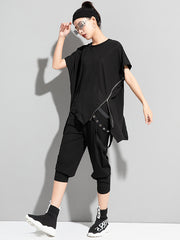 Asymmetrical Zipper Loose Round Neck Simple T-Shirt