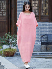 Pink&White Soft Split-joint Ramie Cotton Long Dress