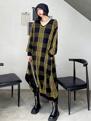 Long Sleeve Loose Mid-Length Knitted Plaid Sweater Dress