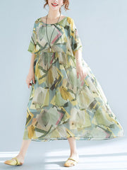 Light Green Loose Chiffon Printed Long Dress+Jumper skirt