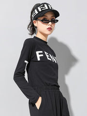 Letter Print Velet Round Neck Shirt