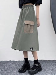 Retro Contrast Color Big Pocket Casual Skirt