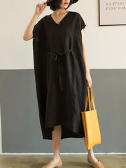 Loose Linen Lace-Up V-Neck Soft Dress