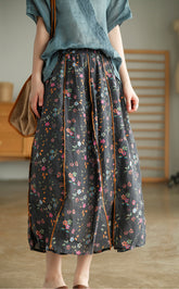 Vintage Slit Print Pleated Loose Skirt