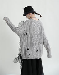 Casual Openwork Quilted Yarn Sweater