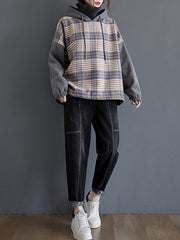 Women Casual Plaid Stitching Sweatshirt