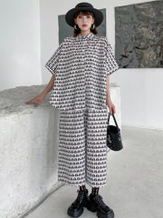 Urban Cat Stamped Batwing Sleeves Blouse&Wide Leg Pants Two Pieces Set