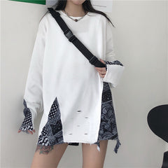 Women Loose Stitching Long Sleeve Shirt