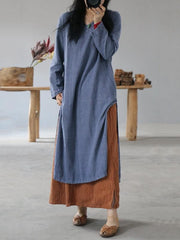 Vintage Solid V-Neck Split-Side Button Dress