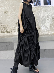 Roomy Sleeveless Pleated Pure Color Round-Neck Midi Dresses