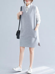 Solid Color V-Neck Knitting Long Vest