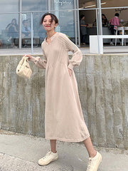 V-Neck High Waist Solid Color Long Sleeve Straight Dress