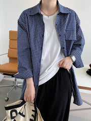 Retro Lapel Lattice Printed Long-Sleeved Casual Shirt